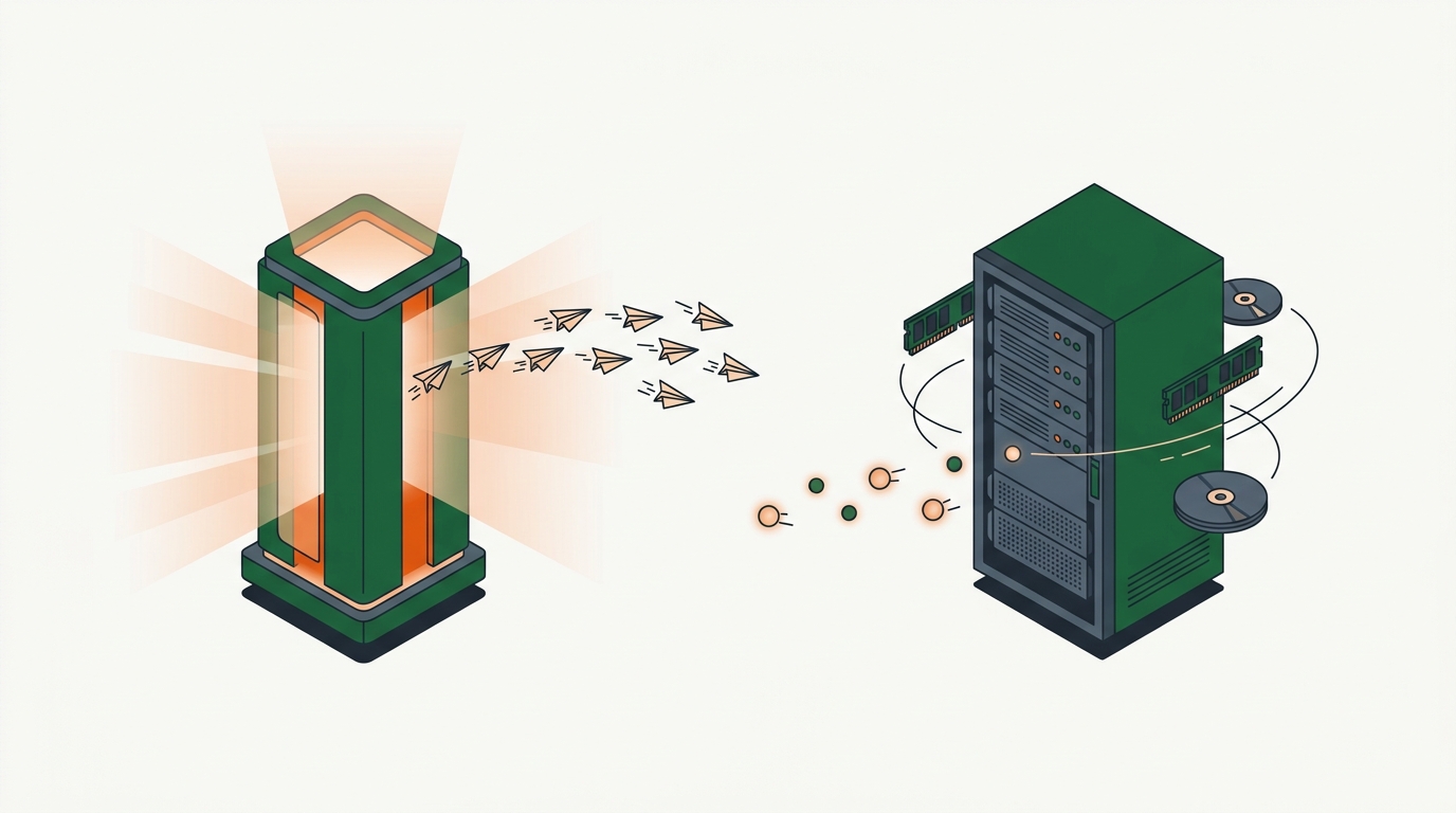 示意插畫：左側發光的 AI 運算塔射出一串紙飛機（tool call），飛向右側樸實的機架伺服器；伺服器周圍環繞著記憶體模組與碟片，並送回發光的小球（結果）