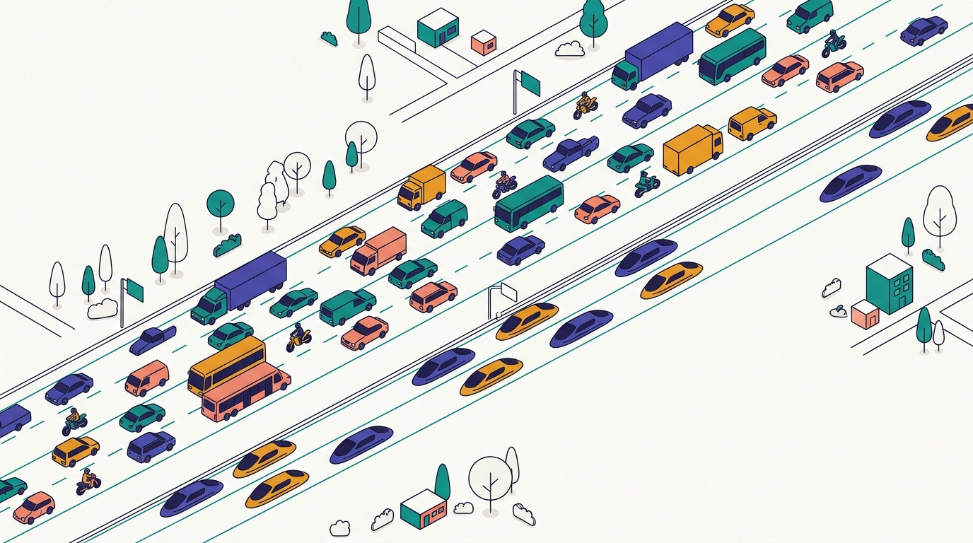 兩條並行的路：上面是車種混雜的多線道高速公路，下面是只跑同一種快速車的專用車道