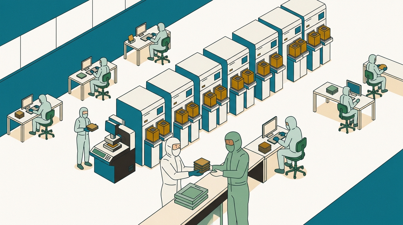 Isometric illustration: a long shared cleanroom with a row of process tools down the middle, separate customer teams at their own benches around it, and two engineers from different teams handing a stacked chip across a bonding tool