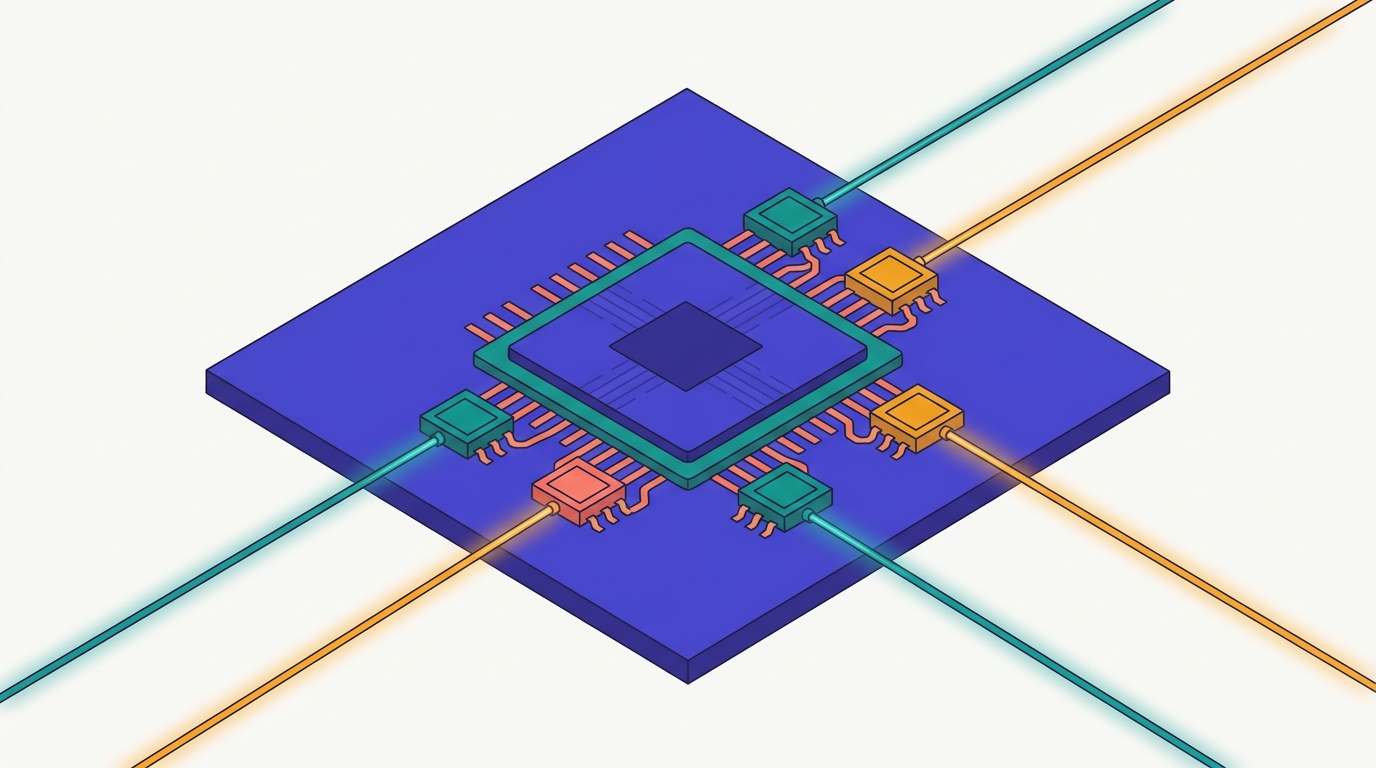 一顆 AI 處理器與旁邊的光引擎晶粒共同封裝在電路基板上，發光的光纖把資料以光的形式送出