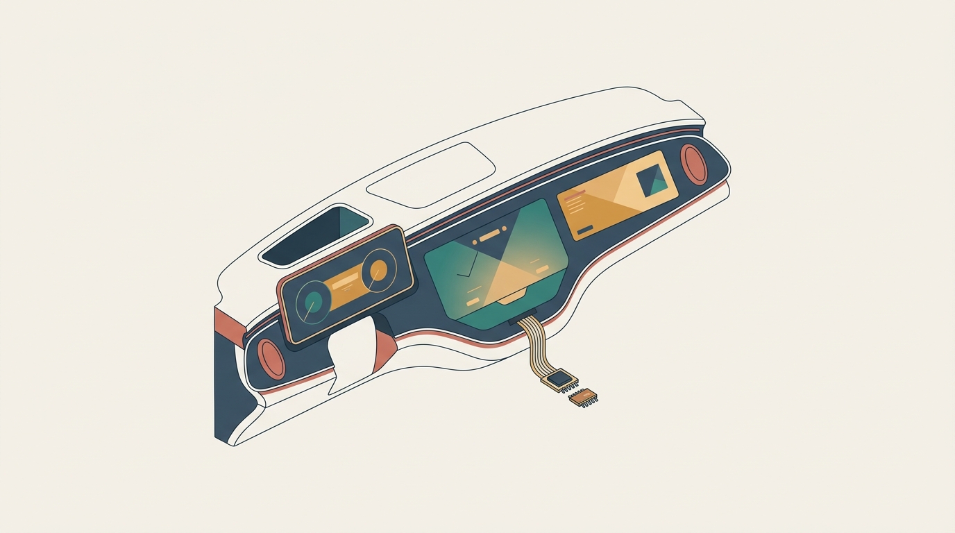 Isometric automotive cockpit with several glowing curved display screens; a thin flex cable with tiny driver-IC chips folds down from one screen edge — the invisible silicon controlling every pixel