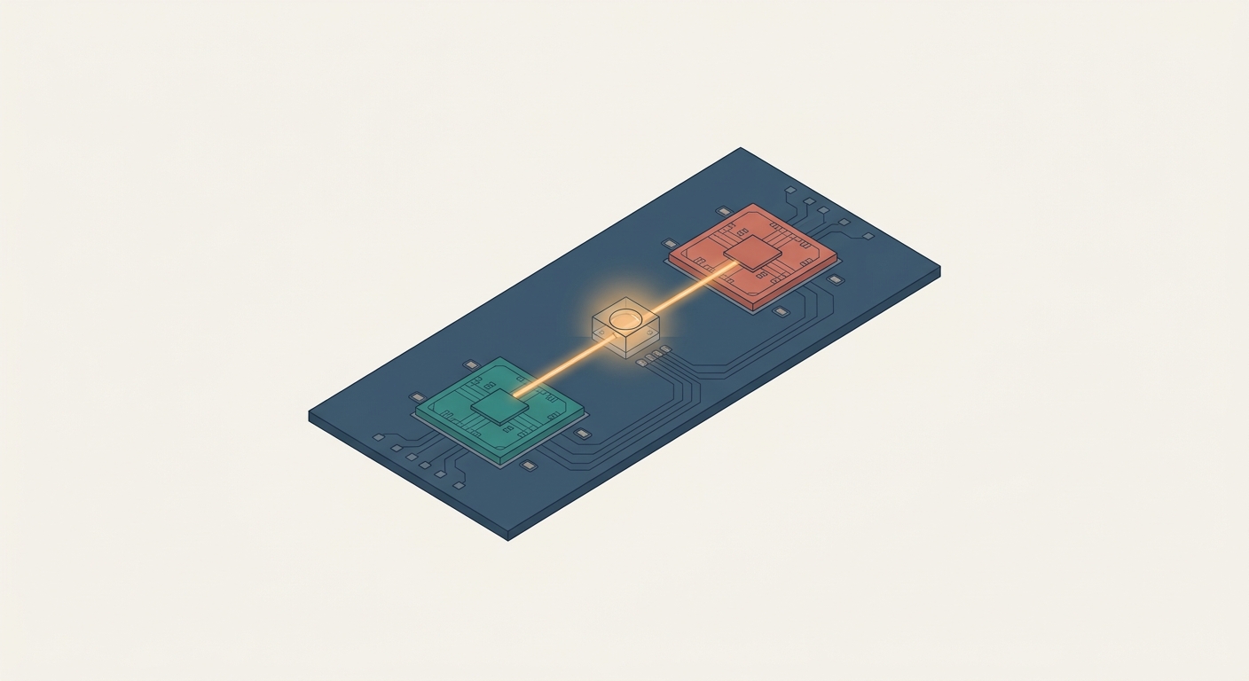 Two chips on a board linked by a glowing beam of light through a micro-lens, replacing copper wires