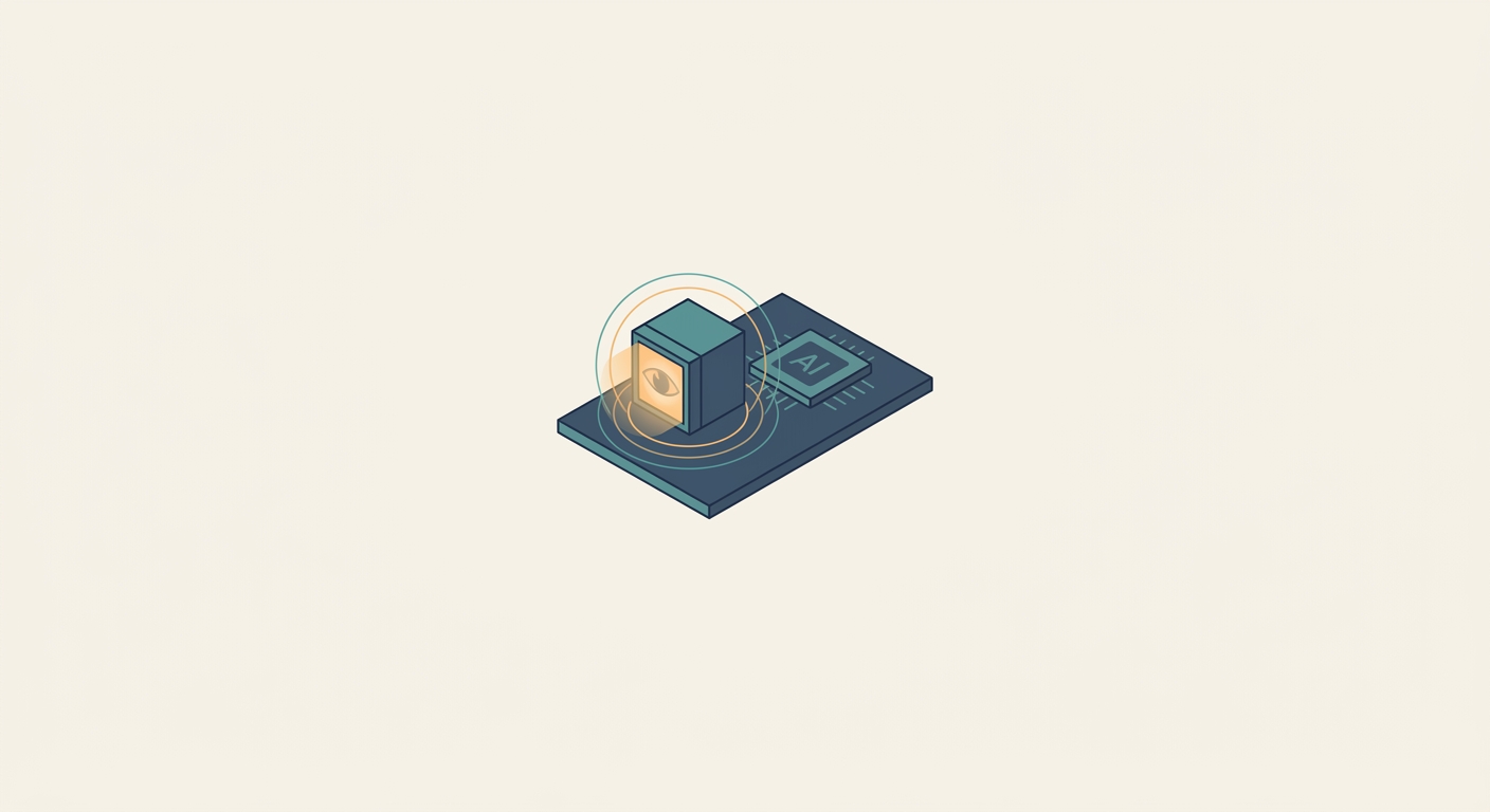 An edge-AI image sensor with a glowing eye-like aperture beside a small AI processor chip, low-power pulse rings