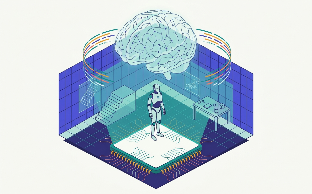 示意插畫：神經網路構成的大腦懸浮在單一人形機器人上方，機器人站在全息模擬網格房間中練習，資料流從模擬場景匯入大腦