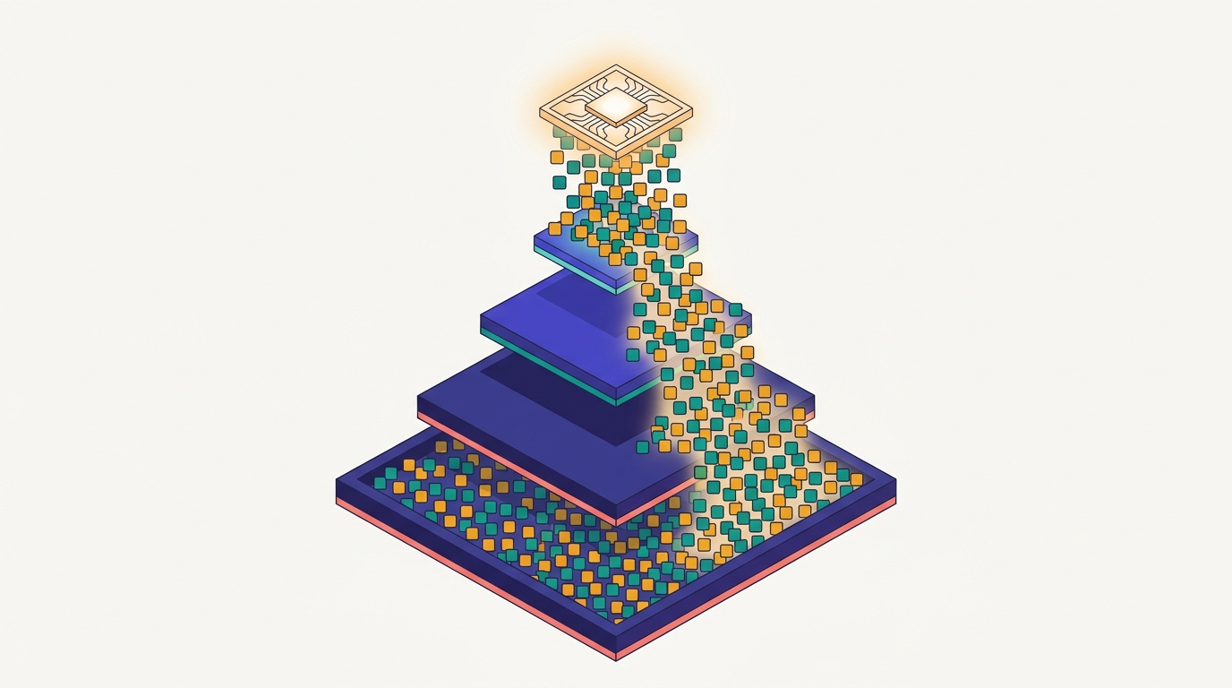 一顆發光的 AI 晶片灑下大量 token 方塊，溢流並填滿往下逐層變大的儲存階層示意插畫