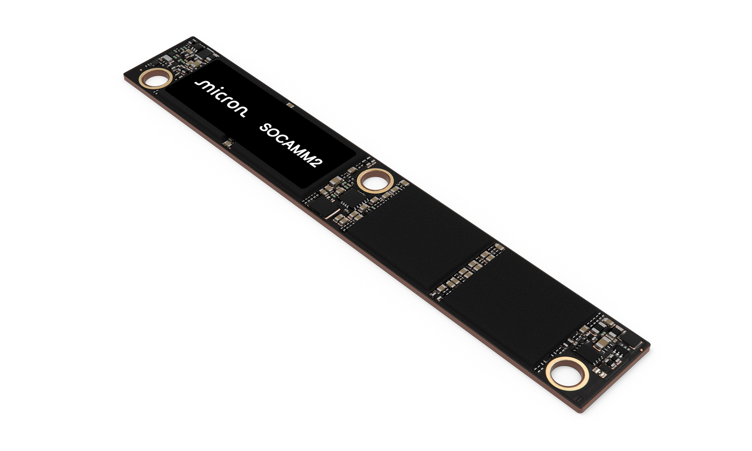 Micron SOCAMM2 記憶體模組側面白底官方產品照，可見金手指接腳與板上晶片