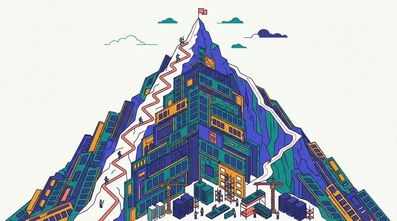 編輯示意圖：一整座由記憶體模組堆疊而成的山峰，山腳下工人與吊車正在興建產能，山徑上有攀登者朝著山頂旗幟前進