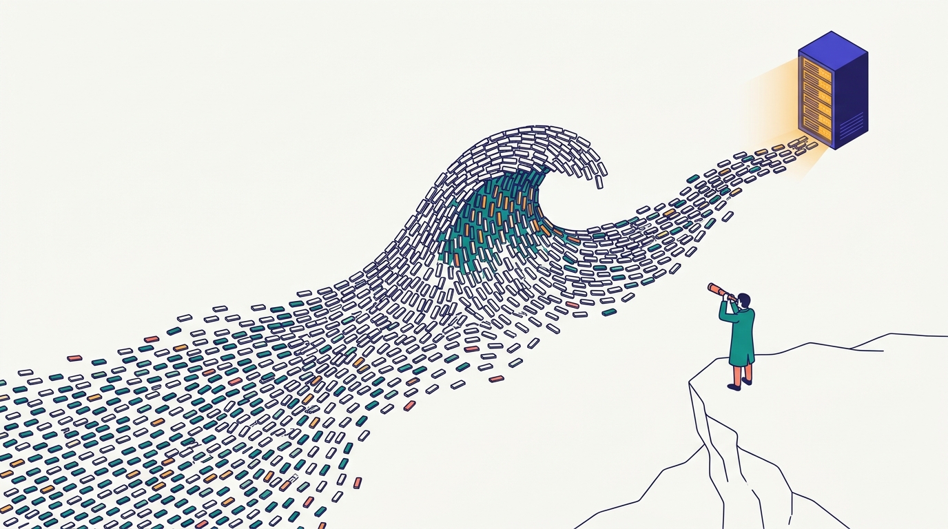 Isometric editorial illustration of a river of thousands of tiny ceramic chip components flowing toward a glowing server rack, with one large wave rising mid-river and a small figure on a cliff observing it through a telescope